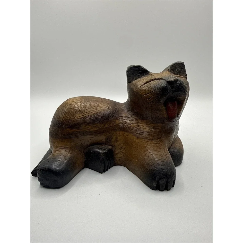 Black Brown Hand Carved Wood Yawning Cat Figurine Sculpture Thailand Kitty 6x4